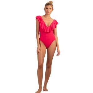 Trina Turk 1 piece Swimsuit  plunge Vneck 6 ruffle trim Monaco fuchsia